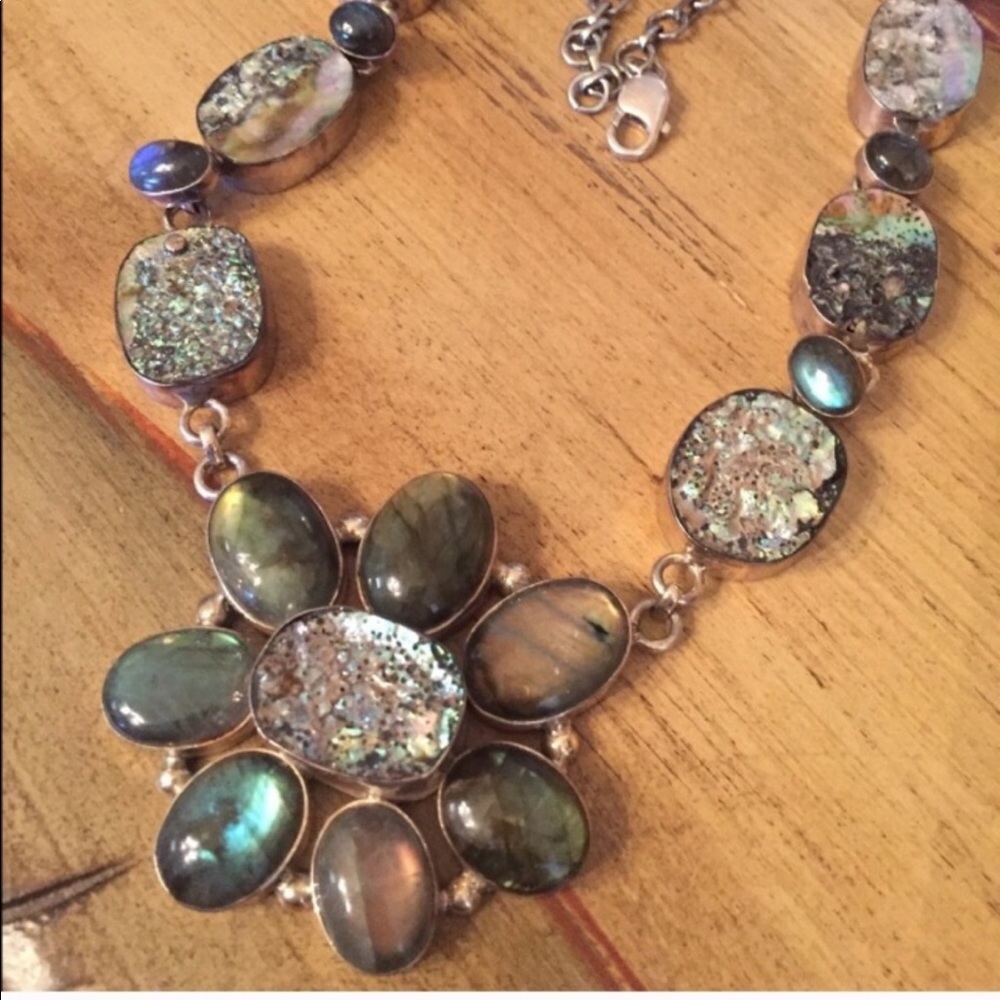 Vintage Labradorite boho rustic abalone necklace